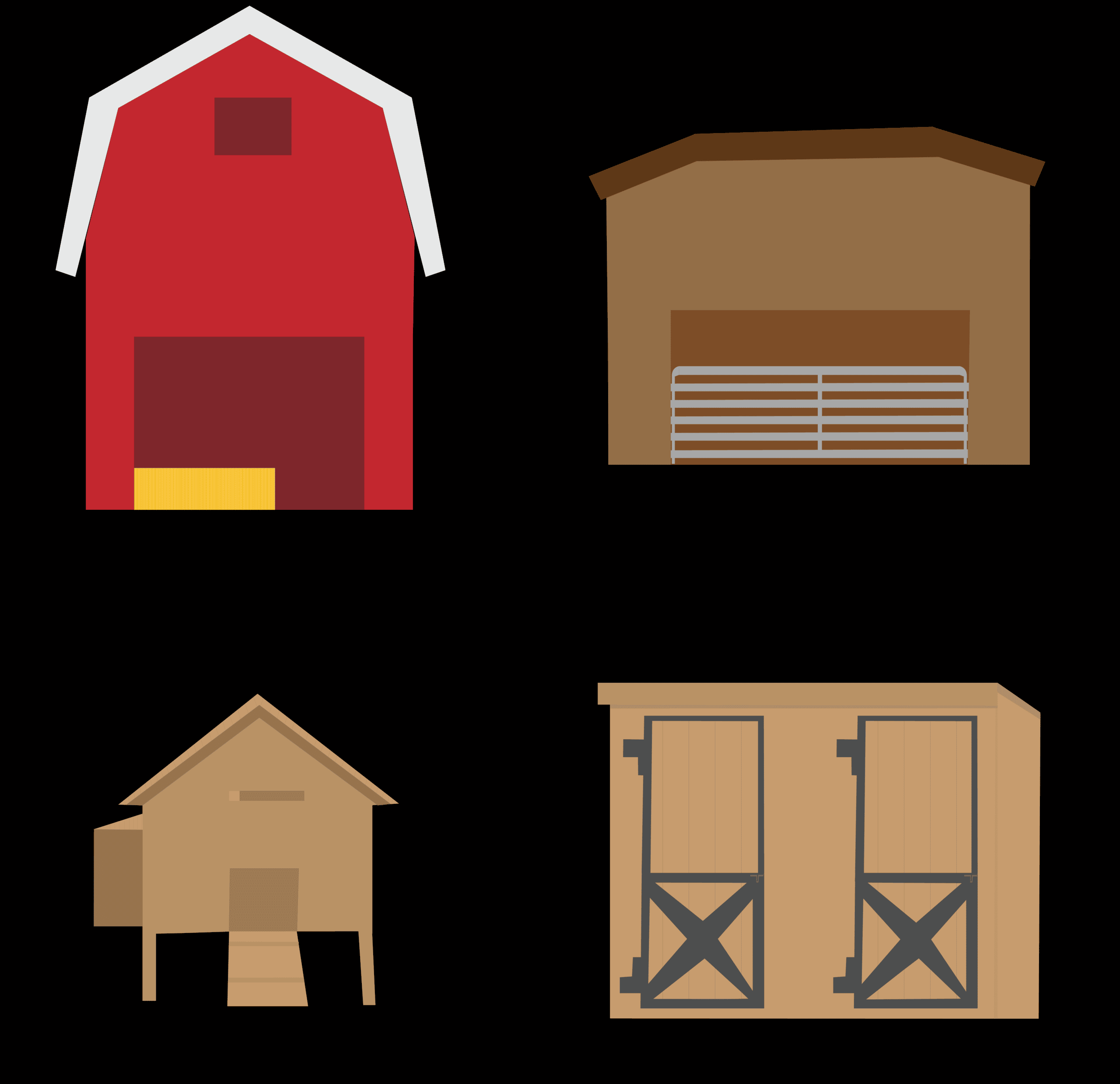 A Cow Barn, Stable, Chicken Coop, and Goat Barn